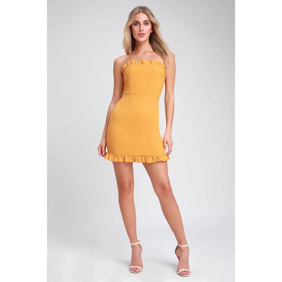 Lulu’s Leeanne Golden Yellow Strapless Ruffled Bodycon Dress size small - Picture 1 of 14